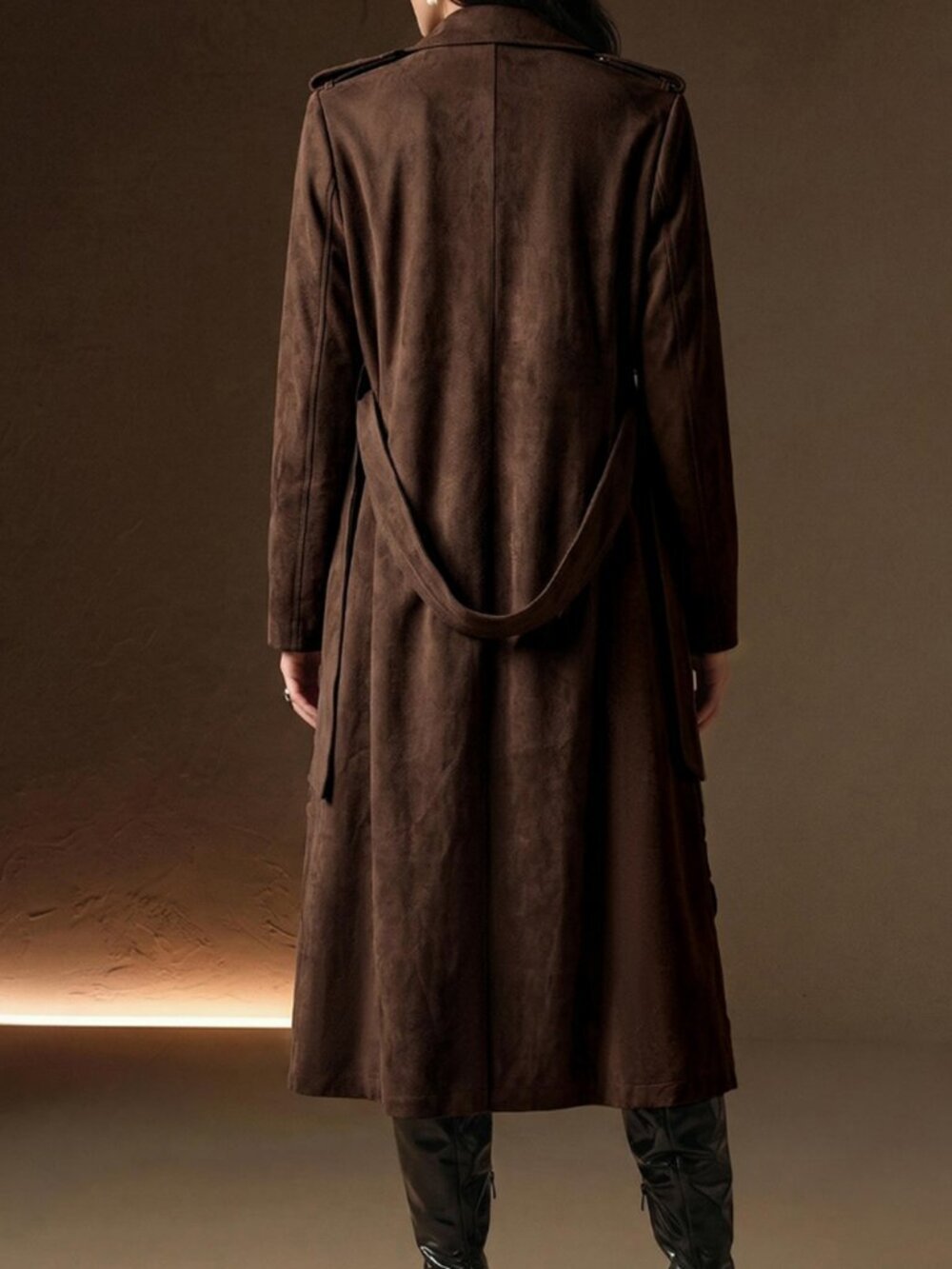Coffee Brown Elegant Women's Leaf Hollow Embroidery Trench Coat - Picture 2 of 8